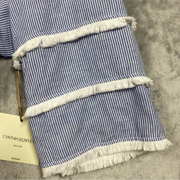 NEW Cynthia Rowley Linen Blend Fringe Sleeve Striped Nautical Blouse Sz 2X Blue - Picture 2 of 7